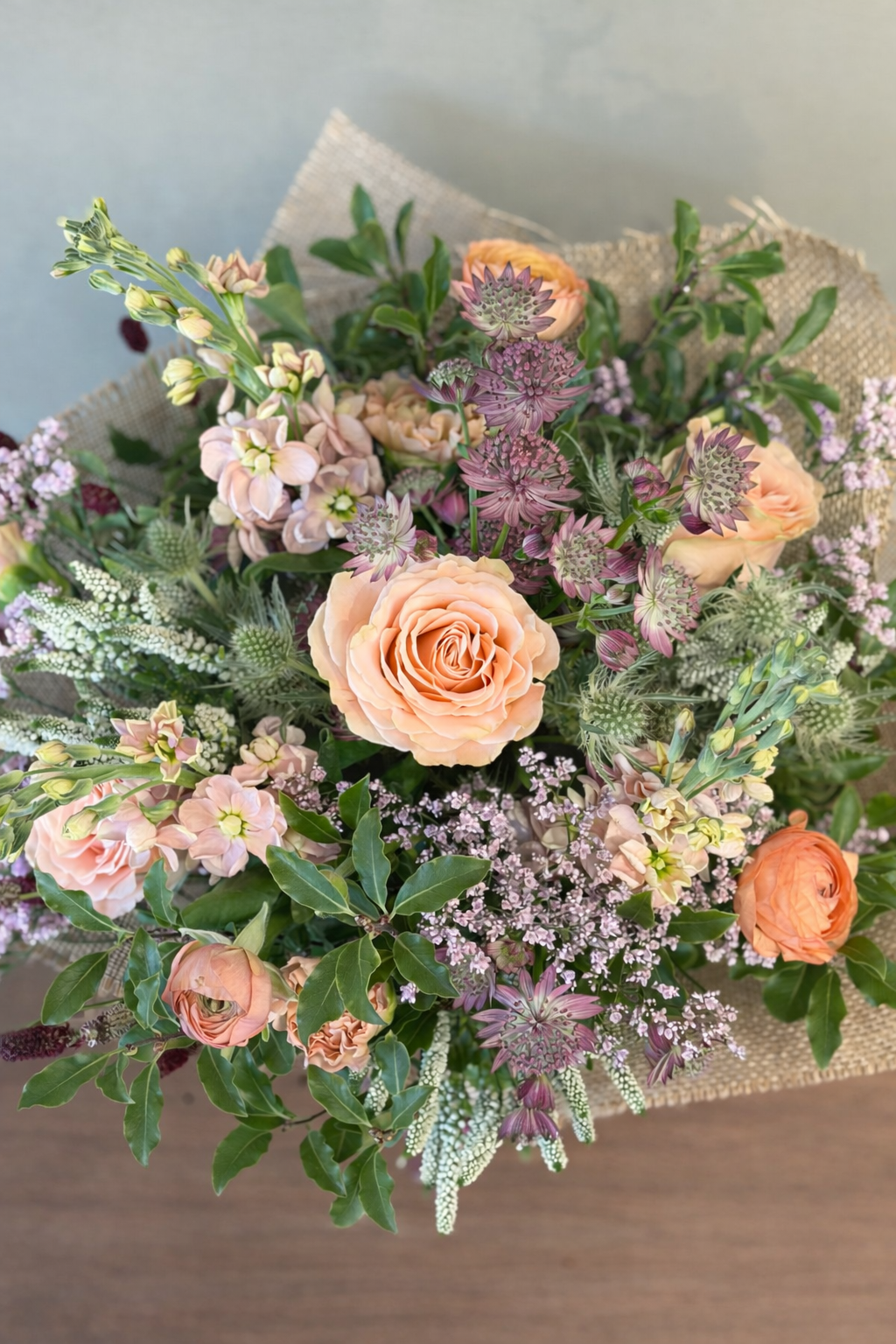 Pastel Bouquet in Hessian (£50 / £60)
