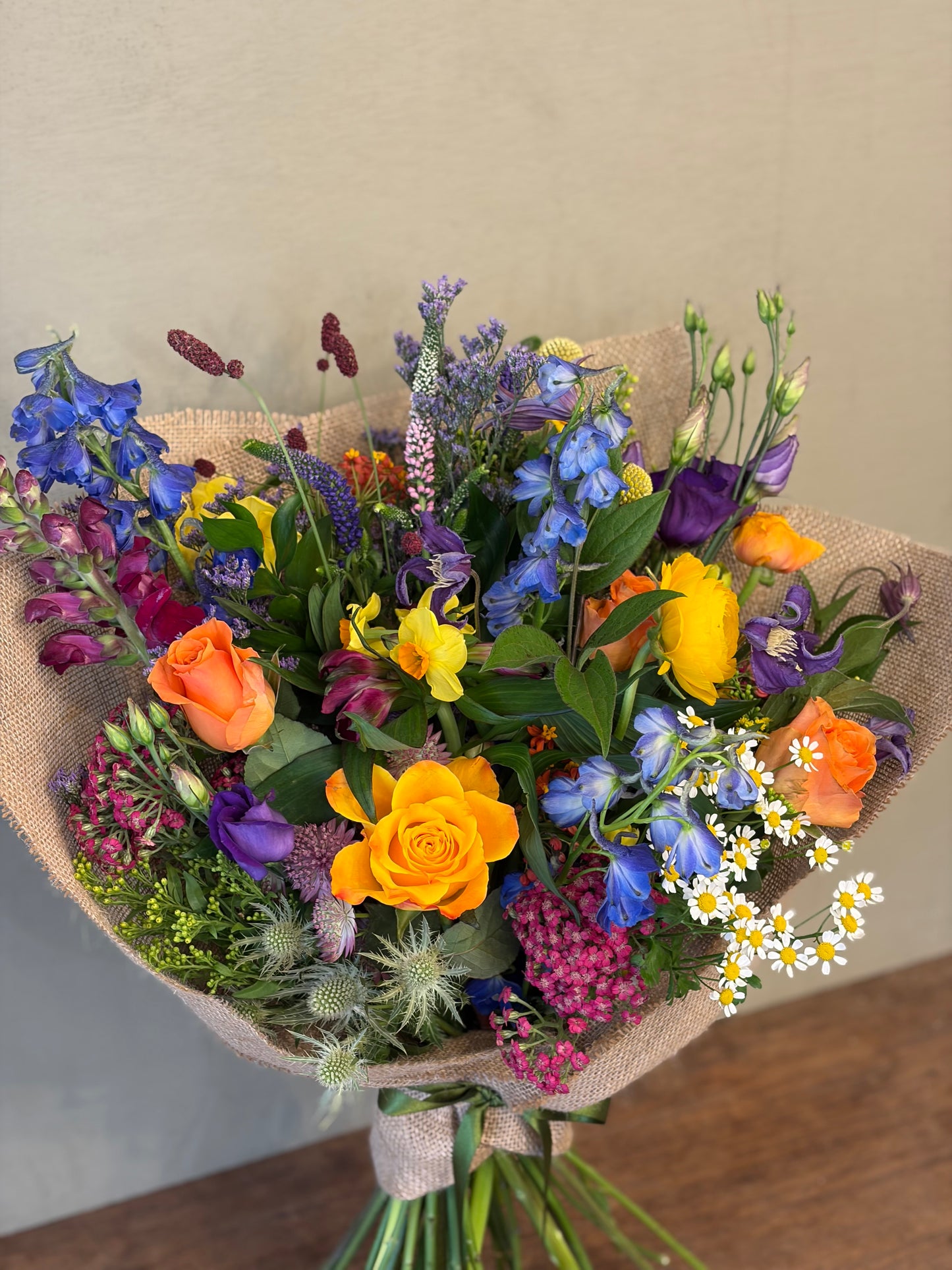 Colourful Bouquet in Hessian (£50 / £60)