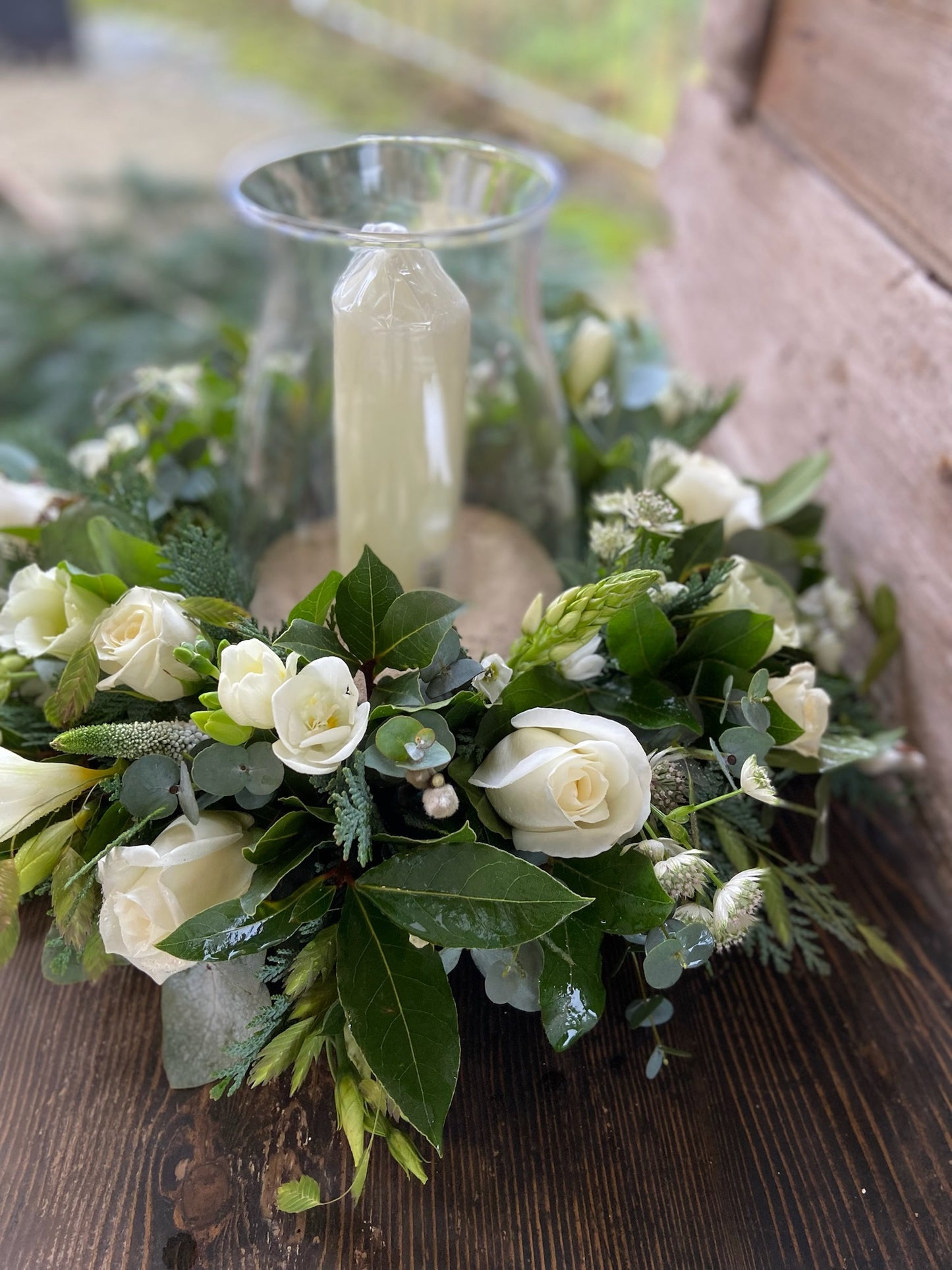 Winter Table Arrangement with Vase & Candle