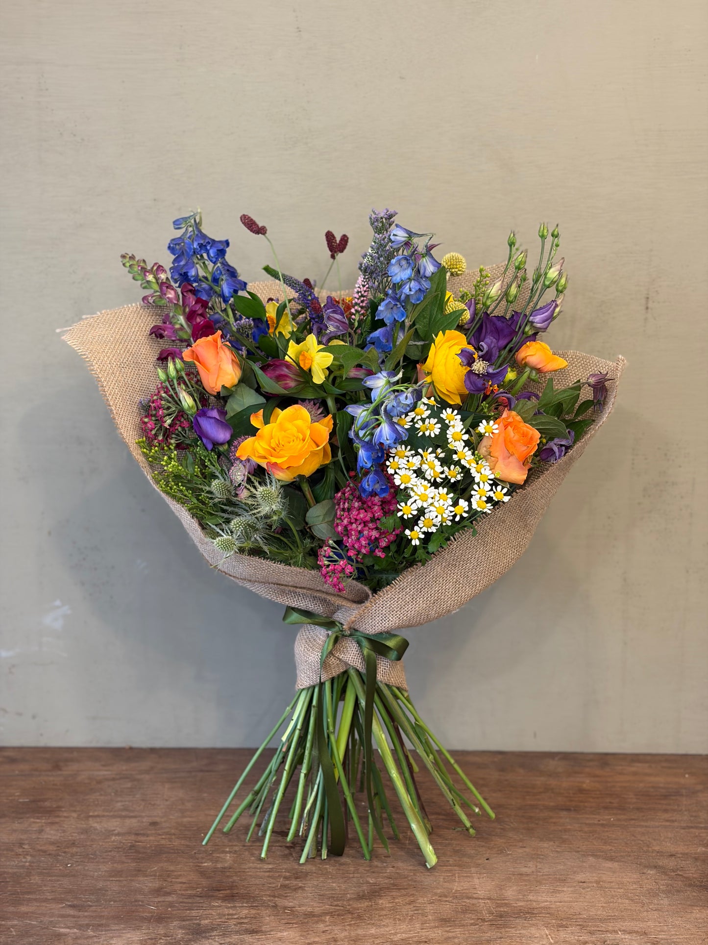 Colourful Bouquet in Hessian (£50 / £60)